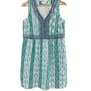 J JILL Embroidered Cotton Dress V-Neck Sleeveless Lined Green White Ikat Boho SP